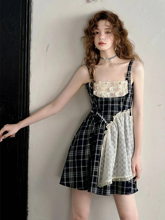 Vintage Check Stitch Slip Luxury Lace College Dress