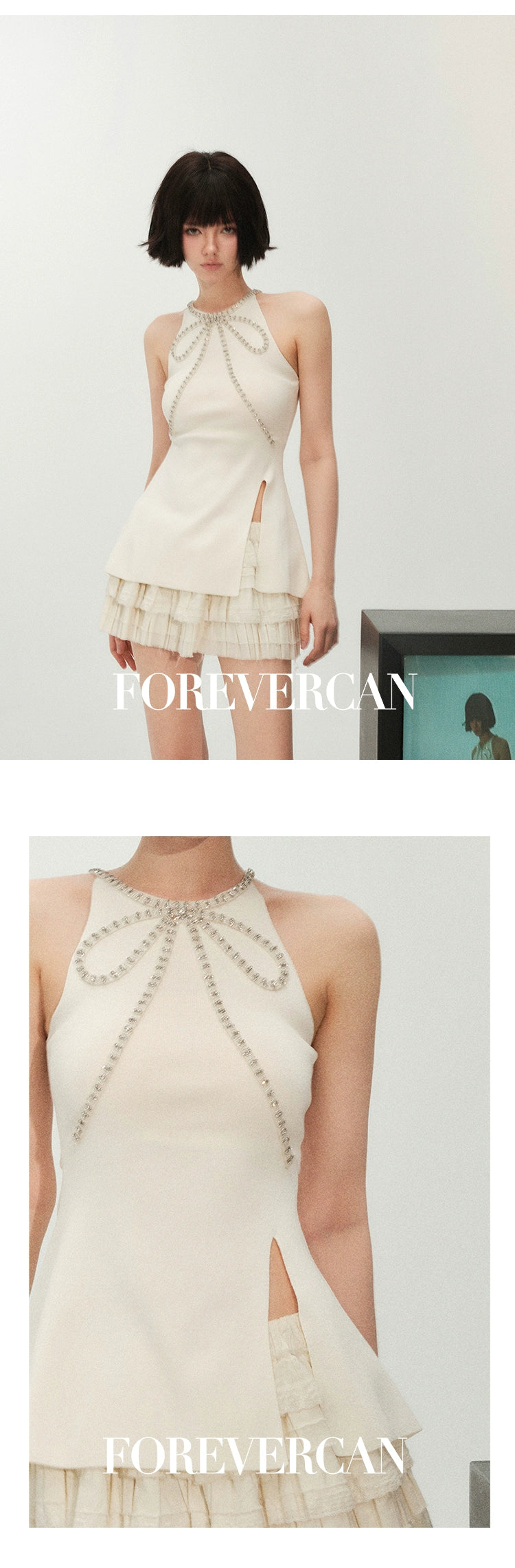 フォーエバーカン レディース サマー 2024 ニュー フローティング セナ プレミアム テンペラメント サスペンドロン ホルターネック スリット トップス