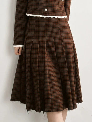 Checked Pearl Lace Casual Long Skirt