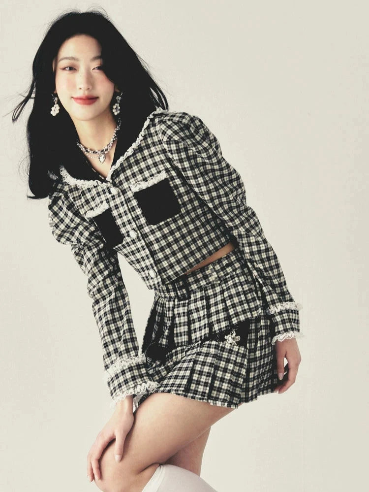 Checkered Pendant Pleated Short Jacket