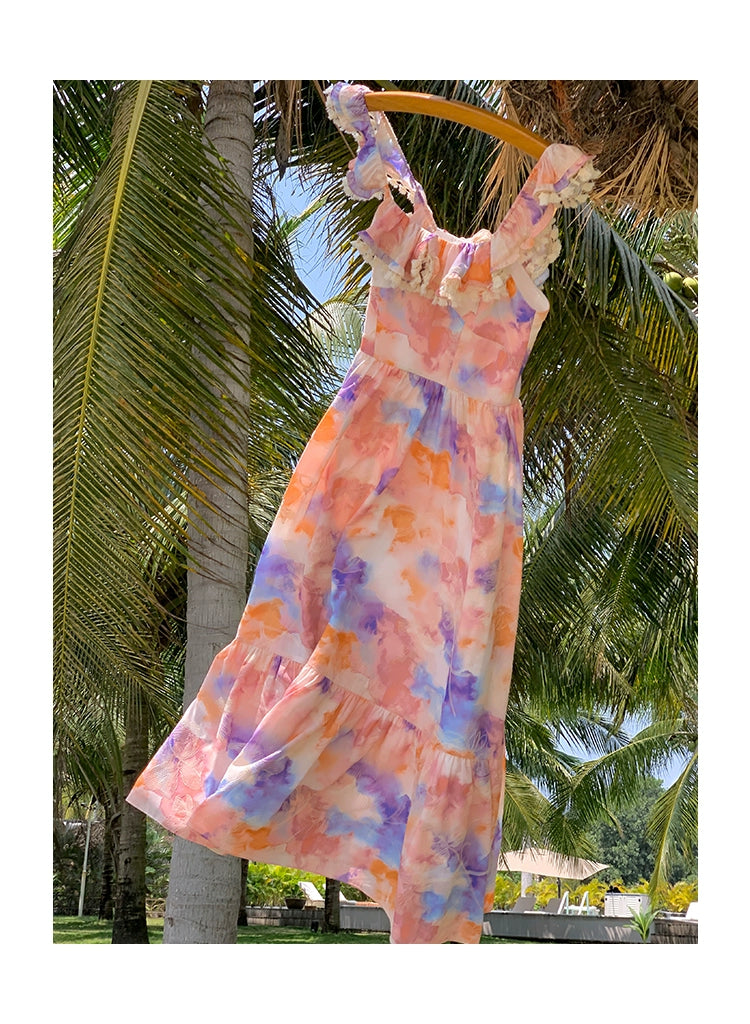 Xiaoli XIAOLIペン画春スクエアネック花柄ドレスロングドレスChardopamineは茶休憩フランスのプリンセスドレスを着ています