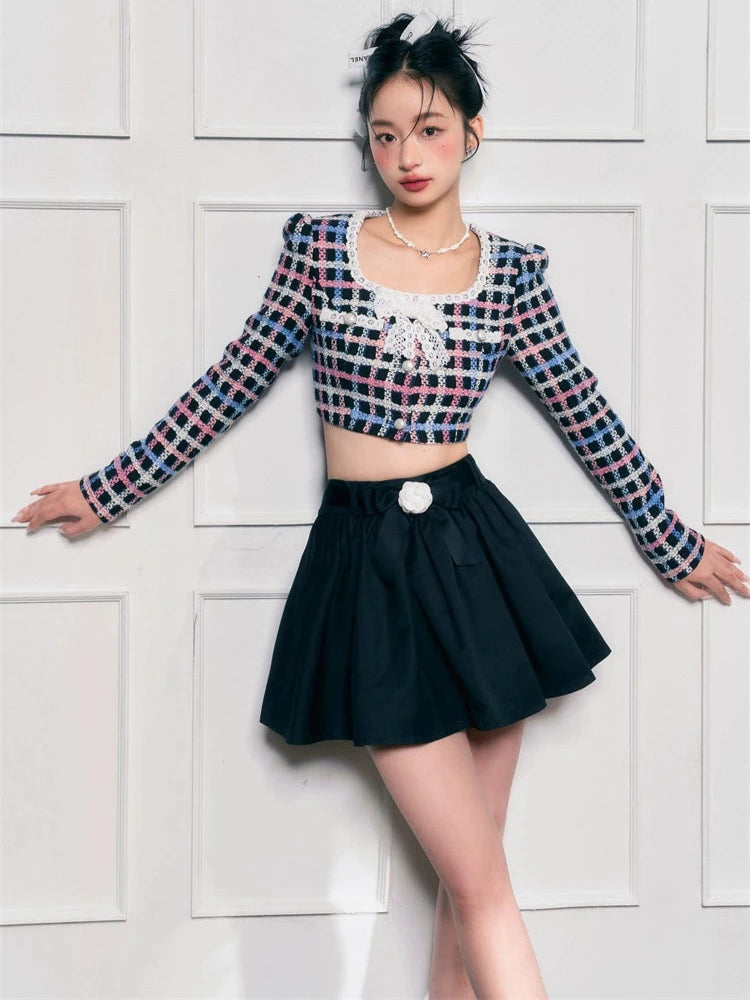 Small Fragrance Square Neck Bow Short Skirt