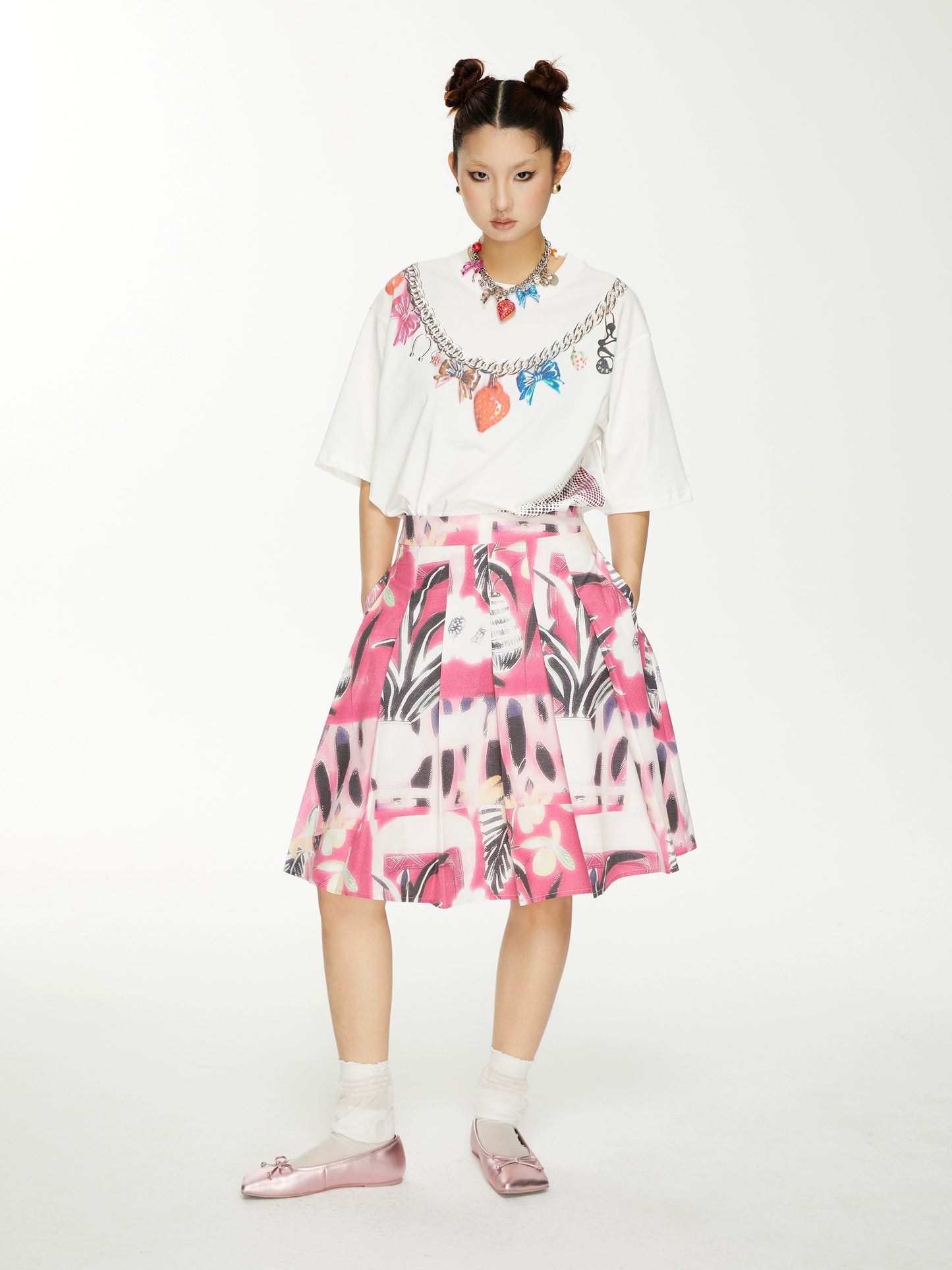 YSYKピンク花柄ピクトリアルパターンスカートスカート