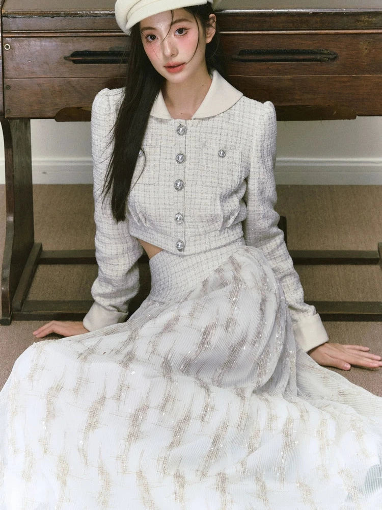 Silver Silk Sequined Small Fragrance Long Skirt