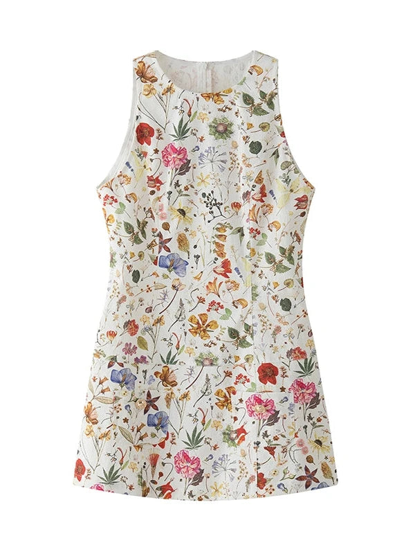 White Textured Floral Pattern Sleeveless Dress