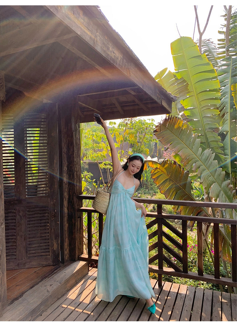 シャオリヒヤシンス、パープルミント、マンボ、Vネックホルタースリップドレス、チャドパミンリゾートドレス