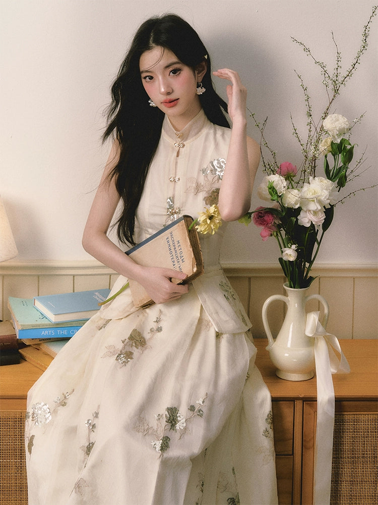 Sequin Embroidery Chinese Stand Collar Vest Long Skirt