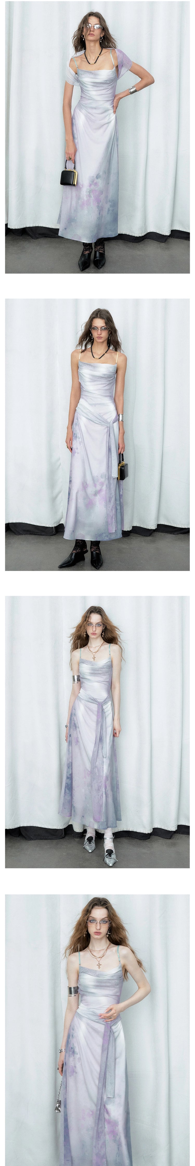 [スポット] OfAkiva "Tsukitani"インクプリントシフォンドレスレディース夏ノースリーブサンドレス