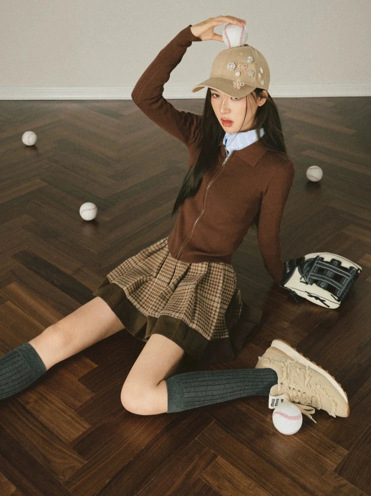 Vintage Check Panel Loose Pleated Short Skirt