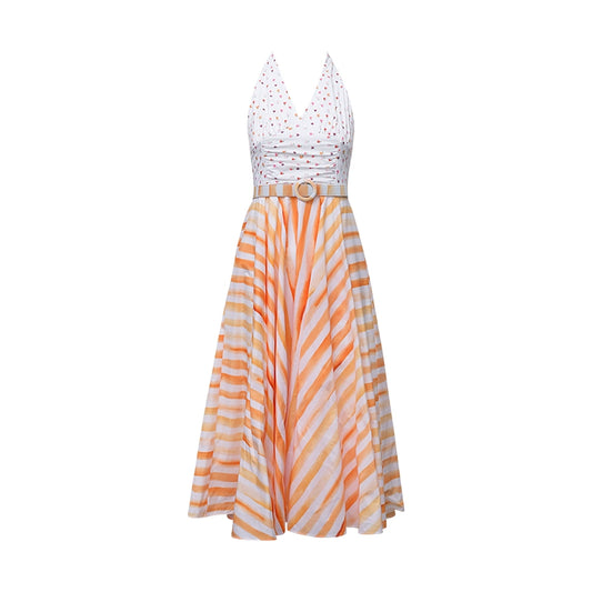 Xiaoli Yuxia ChengqiホルターネックサスペンダーVネックドレス春と夏のドーパミンティーブレイクフランスのAラインロングスカート