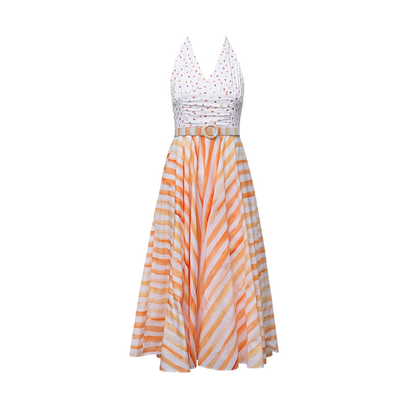 Xiaoli Yuxia ChengqiホルターネックサスペンダーVネックドレス春と夏のドーパミンティーブレイクフランスのAラインロングスカート