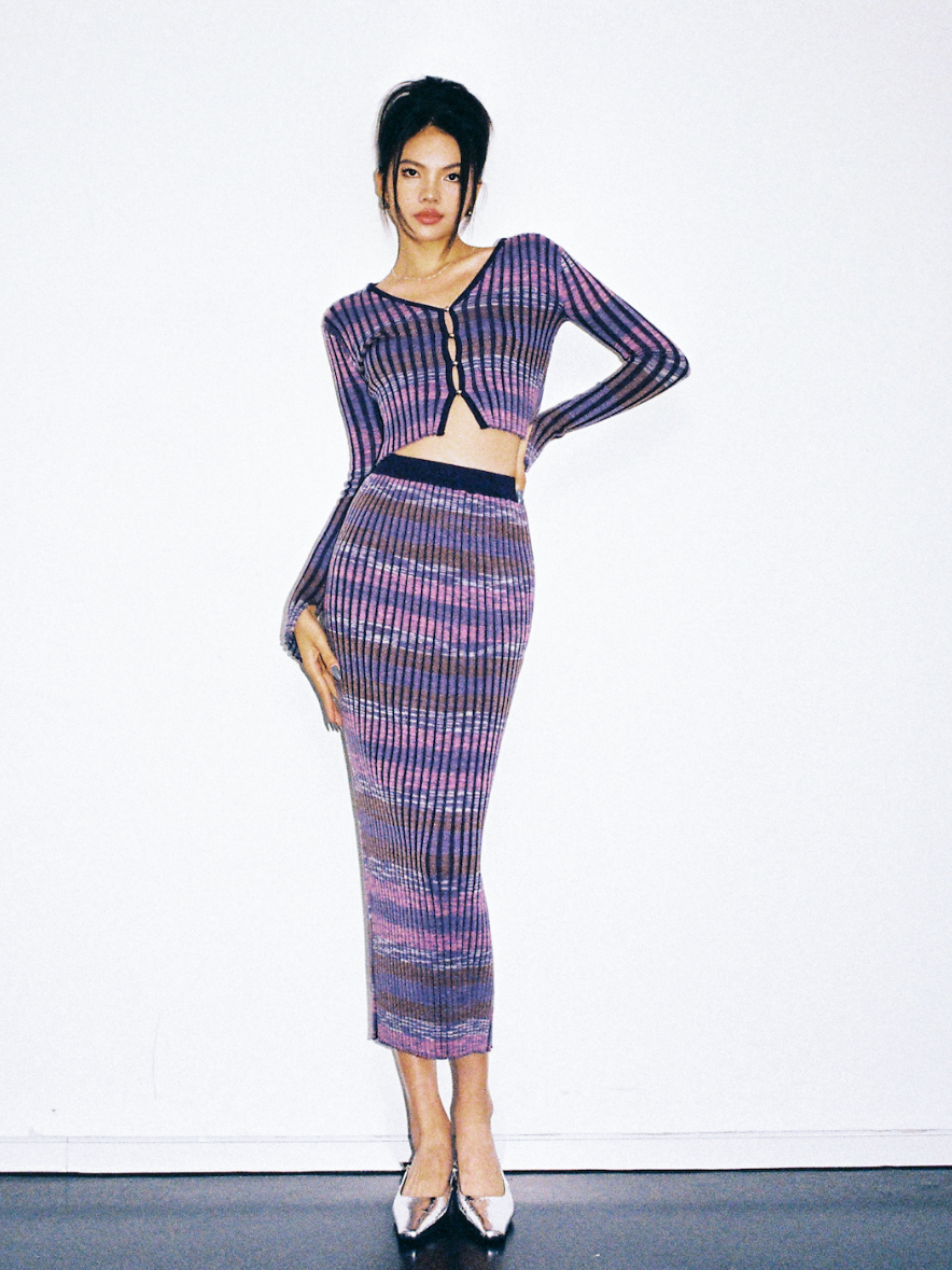 TR She ホットバイオレットパープルグラデーション糸優しくて怠惰なフレンチスリムスリムヒップスリットスカート