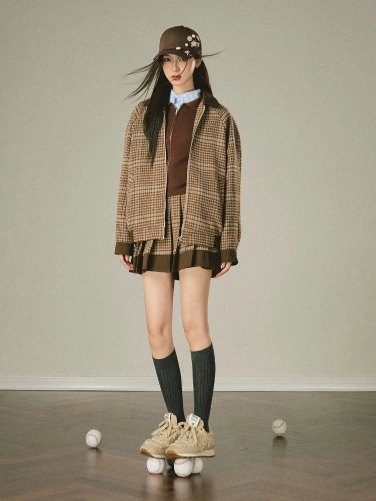 Vintage Check Panel Loose Pleated Short Skirt