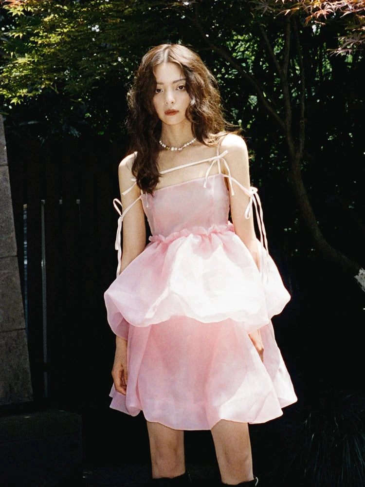 Slip Bow Organza Bud Sleeveless Dress