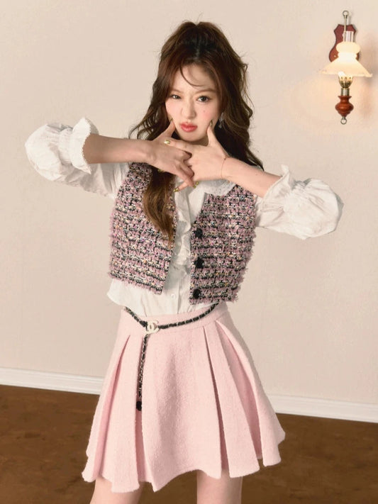 Pink Golden Tweed Little Fragrance Short Coat