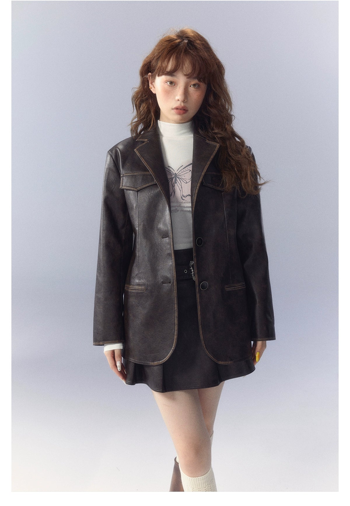 SunsetPark miuは、ヴィンテージブラウンの刺繍入りレザージャケットシルエットレザーブレザーブレザーです