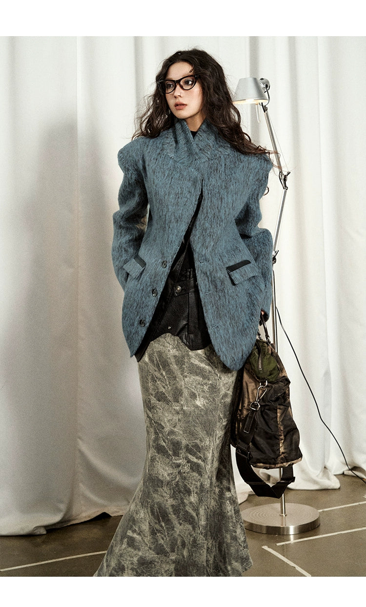 [スポット] OfAkivaツイードブルーとグレー織りウールファッションスーツレディーススーツスカートツーピースセット