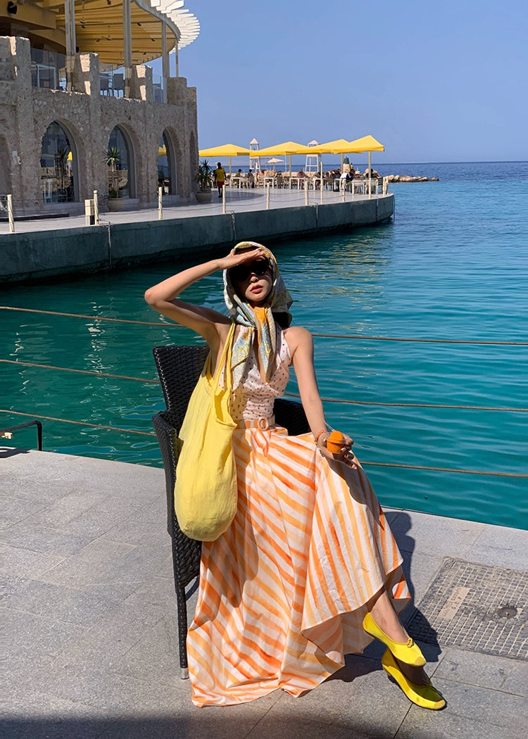 Xiaoli Yuxia ChengqiホルターネックサスペンダーVネックドレス春と夏のドーパミンティーブレイクフランスのAラインロングスカート