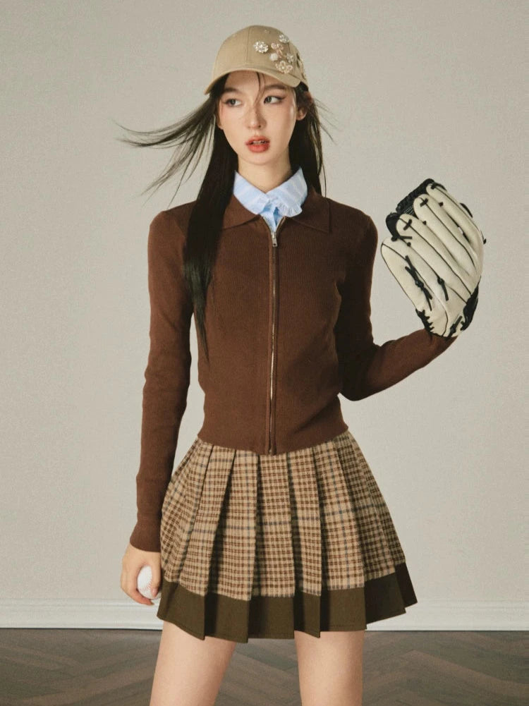 Vintage Check Panel Loose Pleated Short Skirt