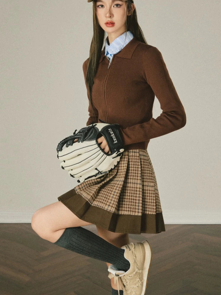 Vintage Check Panel Loose Pleated Short Skirt