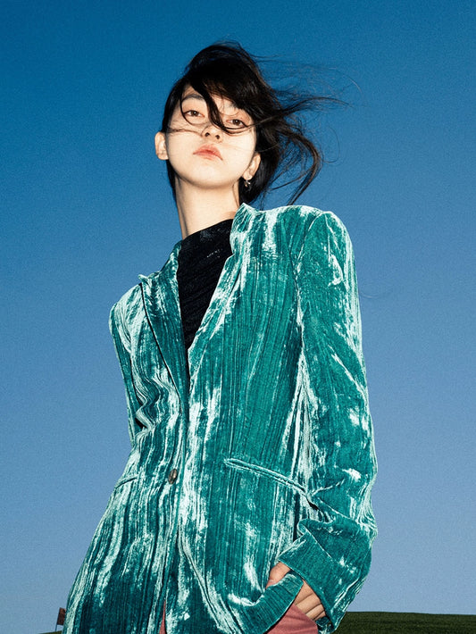 Novakilo秋シアンベルベット丁乱雑にしわが寄ったヴィンテージゴールドフィリグリー高級スリムフィットスーツ