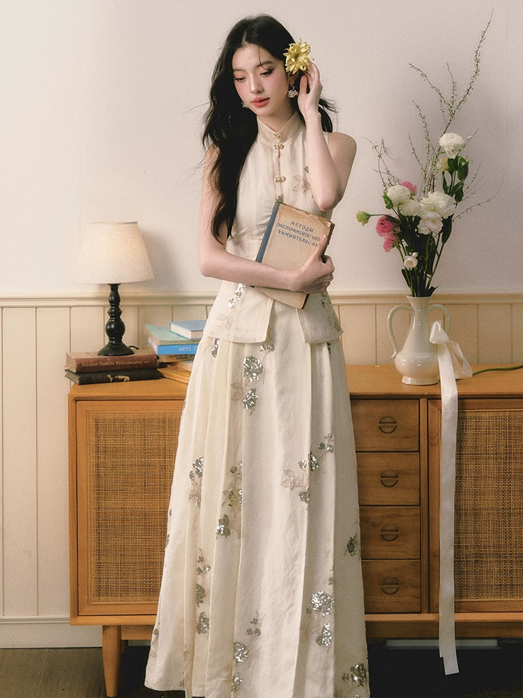 Sequined Embroidered Chinese Stand Collar Tops