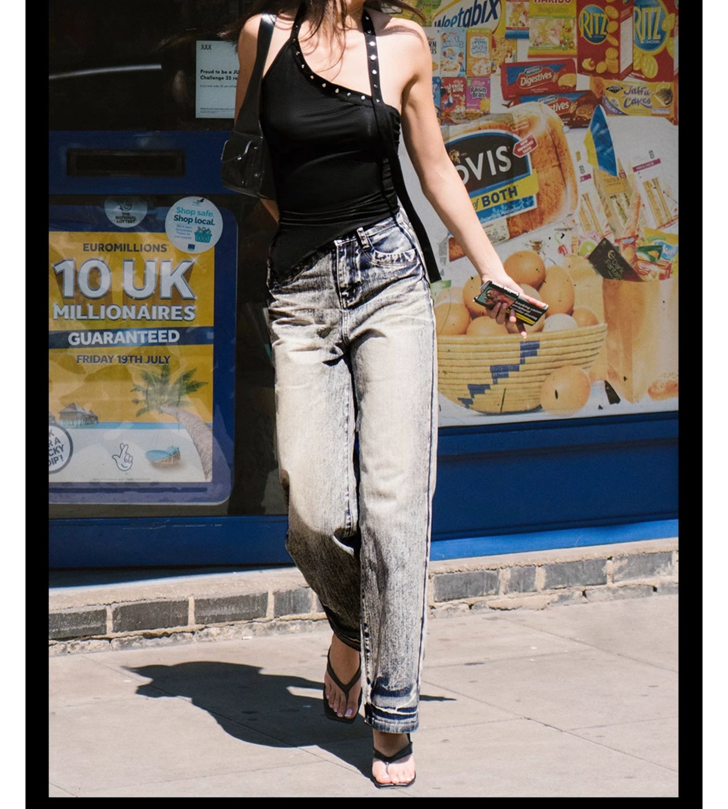 TR彼女のホットウェイストランドパンツブルーウォッシュブラッシュドホワイトヴィンテージディストレストルーズデニムハイライズストレートパンツ