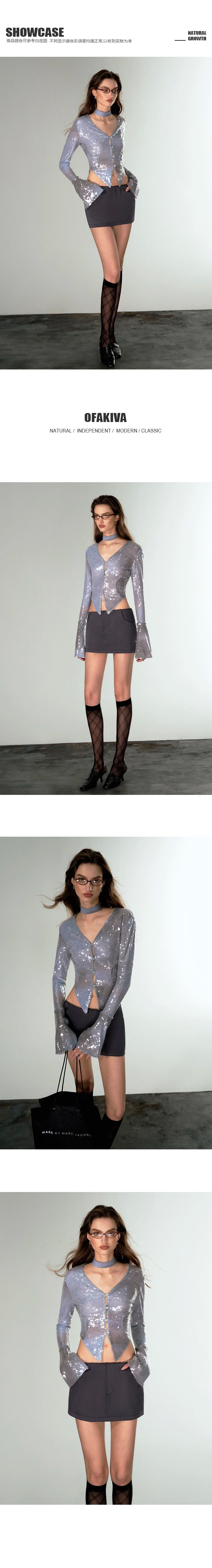 [スポット] OfAkiva「アイスランドダイヤモンド」低満腹ブルースパンコールシャツレディース秋Vネックフレアスリーブシャツ