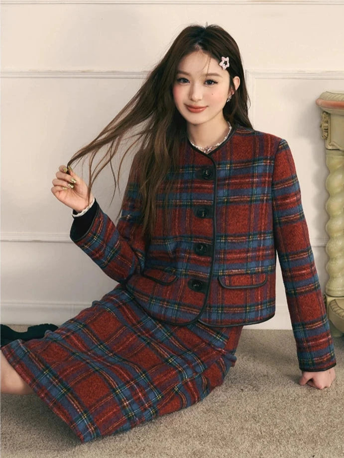 Retro red and blue plaid tweed skirt