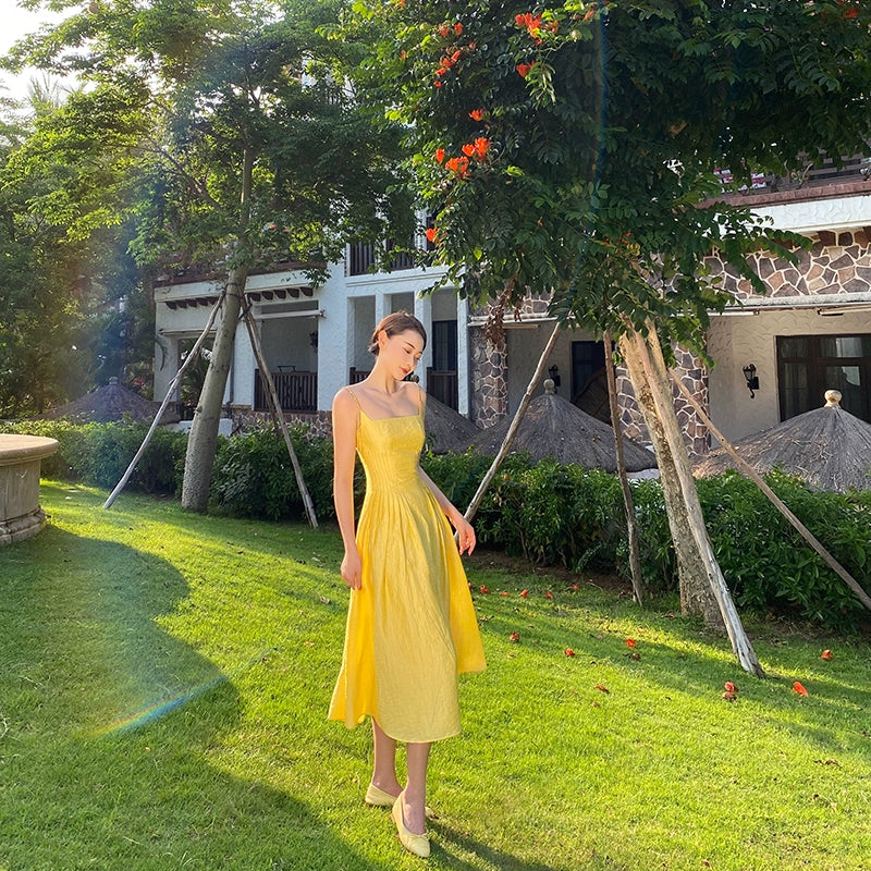 プリンセスリベル少し背中の開いたAラインのスリップドレス夏のドーパミンフランスのリゾートロングスカート