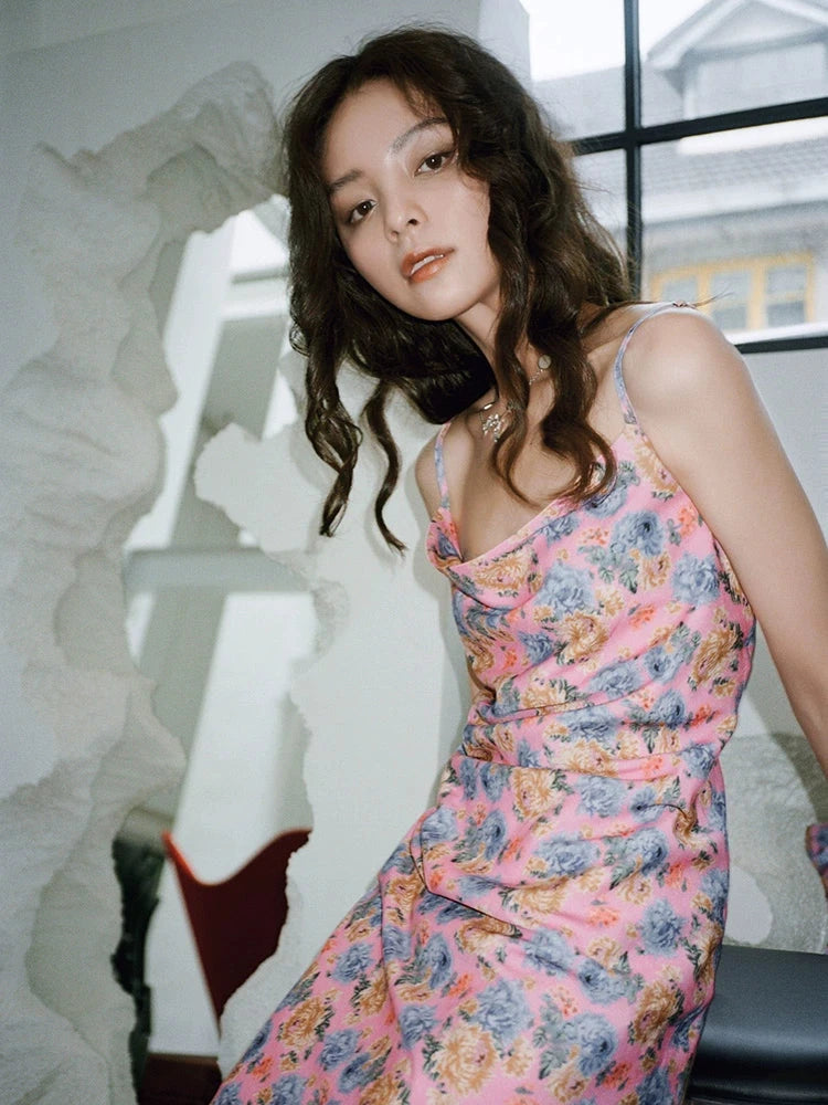 Retro Flower Straight Neckline Slip Backless Dress