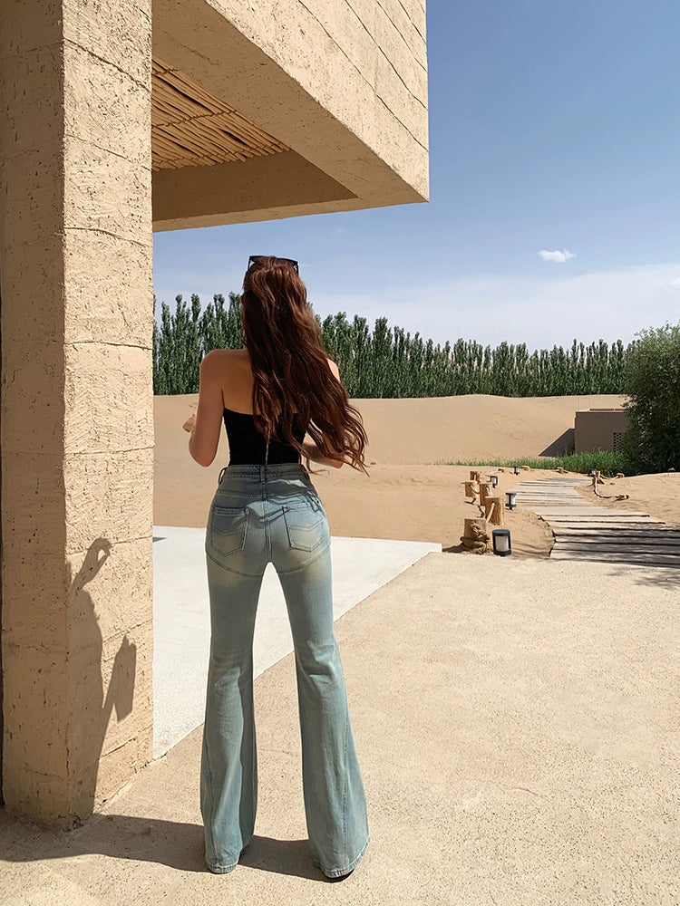 Xiaoliweiフレアストレートレッグワイドレッグジーンズ、夏の細いデザイン、レトロなスリムパンツ